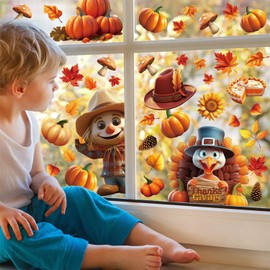 SULOLI Thanksgiving Window Clings, 3D 8 Sheets Fall Window Clings Double Sided Turkey Pumpkins Window Stickers for Glass Window Thanksgiving Fall Decorations