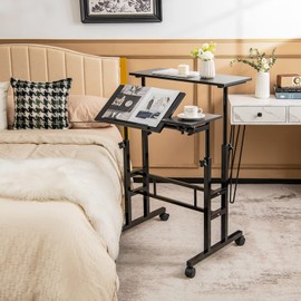 COSTWAY Mobile Standing Desk, Laptop Cart with Flip-Over Desktop, Overbed Table with Wheels, Computer Desk for Standing or Sitting, Height Adjustable Workstation for Home & Office (Black)