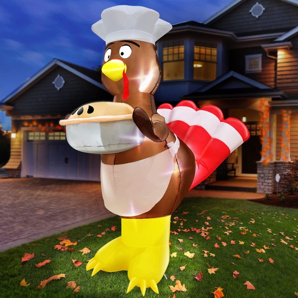TURNMEON 6 Ft Tall Thanksgiving Inflatable Decoration Outdoor, Blow up Turkey Holds a Pumpkin Pie Built-in LED Lights Outside Lawn Yard Garden Home Fall Thanksgiving Decorations Autumn Holiday Harvest