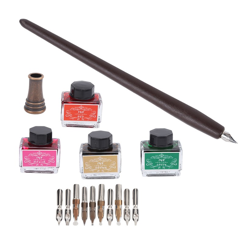 Dip Pen 4-Color Wood Pole Fountain Pen with Replaceable Nib