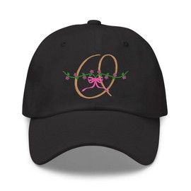 Initial cap (black), Initial O cap hat, initial O with flowers embroidered cap, Mother's day gift, Initial with garden flowers embroidered cap, floral cap, Alphabet cap hat