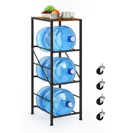 YBING 5 Gallon Water Jug Holder with Wheels 3-Tiers Water Bottle Holder with Storage Shelves Movable Water Jug Stand Water Jug Dispenser Rack for Kitchen Home Living Room Office, Rustic Brown