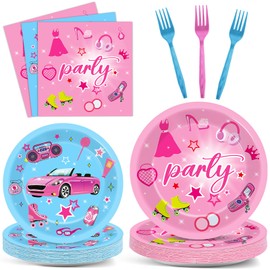 Justforjoyful 96 PCS Pink Girls Party Supplies Blue Pink Princess Plates and Napkins Tableware Set Disposable Dinner Dessert Dinnerware for Birthday Party Baby Bridal Shower Decorations Serve 24