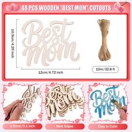 AWIZOM 48 Pcs Best MOM Unfinished Wood Crafts Wooden Mothers Day Crafts Wood Best MOM Cutouts Wood Letters Ornaments with Twine for DIY Mother's Day Present Tags, Mom's Birthday Party Decor,4.72x4.29