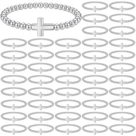 48 Pcs Cross Bracelets for Women Christian Bracelets Bulk Beaded Religious Gifts Jesus Faith Bracelet Stretch Stackable Church Jewelry Gift Communion Supplies Cheer Stocking Stuffers for Party (Silver)