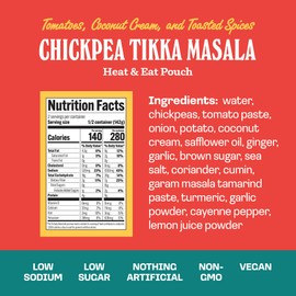 Brooklyn Delhi Chickpea Tikka Masala Pouches - Ready to Eat, Protein-Rich, Microwavable Entree, Ready in 90 Seconds - Vegan, Gluten Free, Non-GMO - 10oz, Pack of 6
