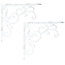 Set of 2 White Shelf Brackets for 8", 10", 12" Shelves - Distressed White Finish - 9" X 10" Heavy Duty Iron L Brackets for Wall Shelves Hardware Included,