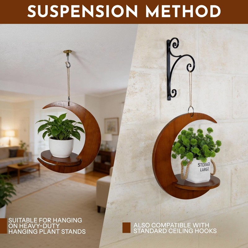 Moon - Shaped Wooden Hanging Plant Stand, Nordic Modern Window