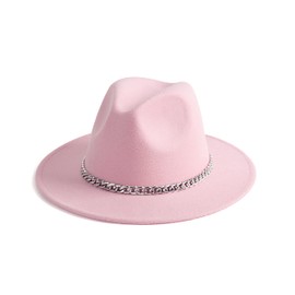 Gossifan Women Men Wide Brim Fedoran Hat with Chain Belt Buckle -Pink