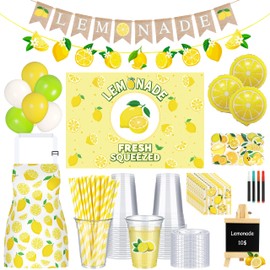 TREWAVE 233 Pcs Lemonade Stand Supplies Kit-50 Lemonade Cups with Lids and Straws, Tablecloth, Kids Lemon Apron, Lemonade Banner, Chalkboard and Balloons for Summer Lemon Party Stand Decorations