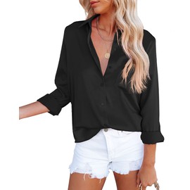 OMSJ Women's Button Down Shirts Satin V Neck Long Sleeve Casual Work Blouse Tops with Pocket (1173XL, Black)
