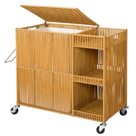 WOWLIVE Laundry Hamper with Wheels, Handwoven Laundry Basket with Lid, Shelves, Rolling Clothes Hamper with Removable Liner Bag, 110L Large Laundry Sorter Laundry Room Organization, Natural