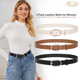 JASGOOD - Cinturones de piel para mujer, para jeans, con hebilla dorada, H-negro+café+beige (hebilla plateada), 25-31W