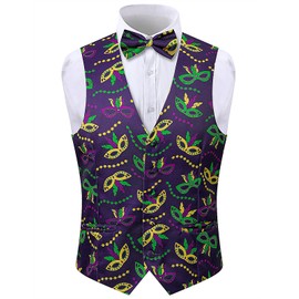 LINOCOUTON Mardi Gras Vest for Men Purple Green Gold Beads Mask Outfit Waistcoat with Bow Tie, Beaded Mask, X-Large