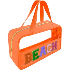 Bunliuys Chenille Letter Clear Makeup Bag Beach Patch, Travel Toiletry Makeup Bag with Handle, Nylon Waterproof Makeup Bags clear cosmetic bag, preppy patch makeup bag for Women (BEACH-Orange)