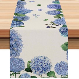 ZCHOMI Purple Hydrangea Table Runner 13x72 Inch Seasonal Spring Summer Green Plants Kitchen Dinning Table Decoration for Indoor Outdoor Birthday Home Party Decor