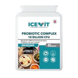 ICEVIT Probiotic Complex 10 Billion CFU | 6 Live Bacterial Strains with FOS | 60 Vegan Capsules | Food Supplement | Made in UK