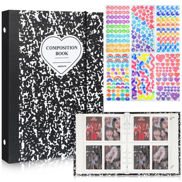 Kpop Photocard Binder Kpop Photocard Holder Book Sleeves with Kpop Photocard Korean Stickers, A5 Binder Photocard Album 6 Ring Photocard Binder Card Protectors Pages (Black Heart)