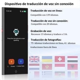 Dispositivo trductor de idiomas, traductor instantáneo con 139 idiomas+20 idiomas traductor de voz sin conexión, visualización táctil HD de 5.5 pulgadas,traducción de fotos，2000 mAh