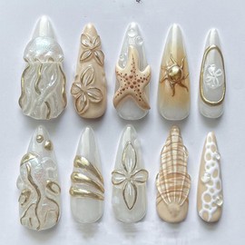 Almond Press on Nails Medium 3D Fake Nails Gold Curve Line False Nails with Jellyfish Floral Starfish Shell Designs Summer Acrylic Nails Handmade Nail White Glossy Glue on Nail for Women Girls 30Pcs
