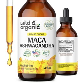 Wild & Organic Wild & Organic Maca Root Ashwagandha Drops for Men and Women - Liquid Maca Ashwagandha Supplement for Overall Support - Peruvian Extract Tincture - Vegan, Sugar & Alcohol-Free - 4 fl oz