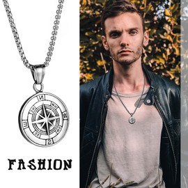 Flongo North Star Compass Necklace: Men Navigator Pendant Viking Necklace Norse Vegvisir Stainless Steel Necklaces Jewelry Gift for Father Son Boy Friend