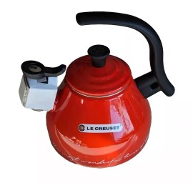 Le Creuset 1.6 Qt Chrysenth RED Kettle Holiday Decal White Script Gold Stars NEW