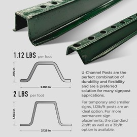 U Channel Sign Post, 6’ Feet Tall 1.12 LBS Steel per foot, Medium Weight Slim Post, Baked on Green Enamel,