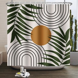 Leowefowa Mid Century Shower Curtain 72x72 Inches Boho Tropical Leaves Abstract Geometric Semicircle Lines Sun Shower Curtain Modern Art Decor Waterproof Durable Set Include Hooks