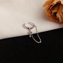 Vintage Cross Tassel Chain Ear Clips on Cuff Wrap Hoop Earrings for Women Men Personalization Punk Style Huggie Drop Dangle Non-pierced Ears Cartilage Crawler Earring Delicate Flat Jewelry (Silver)