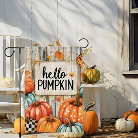 Hello Pumpkin Garden Flag Fall Garden Flags Thanksgiving Decor For Outside，12x18 Inch Double Sided Burlap Small Polka Dots Maple Leaf Autumn Yard Outdoor Decorations