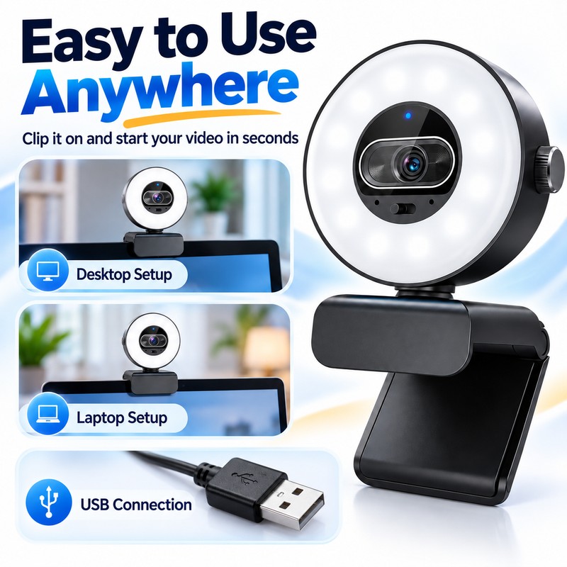 4K Webcam with Ring Light for Video Calls – 1080p
