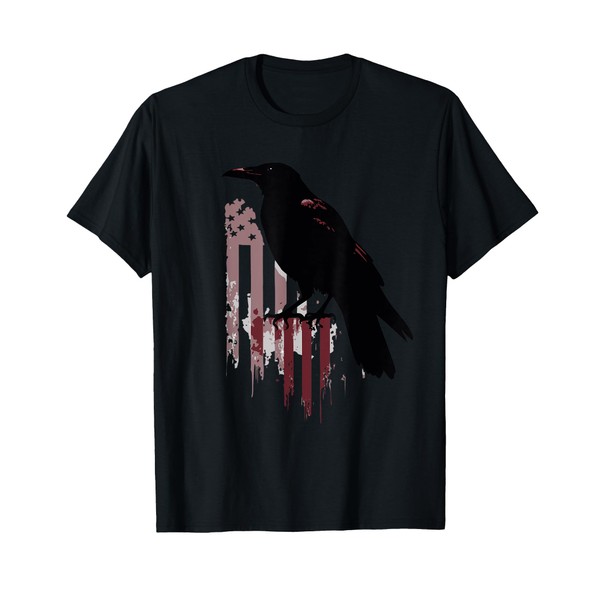 Black Crow Silhouette Distressed USA Flag Dystopian Artwork T-Shirt