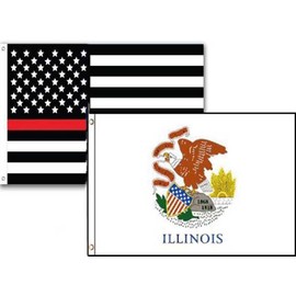 3x5 USA Thin Red Line Illinois State 2 Pack Flag Wholesale Set Combo PREMIUM Vivid Color and UV Fade BEST Garden Outdor Decor Resistant Canvas Header and polyester material FLAG
