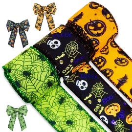 3 Rolls Halloween Ribbons Bat Spider Web Printed Ribbon Wired Ribbon 10 Yards, 1.5 Inch Width for Halloween Wrapping & Crafts (Black, Orange, Green)