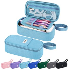 TOPBIDAI Large Pencil Case Pouch for Girls Boy Kids Children, Big Capacity Canvas Pencil Bag, Office College School Multi Compartment Zipper Stationery Pen Bag (Light Blue)