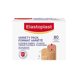 Elastoplast Elastoplast Plastic and Flexible Fabric Bandages, Variety Pack | 80 Strips, beige | All-round Adhesion | Absorbent Non-stick Wound Pad | Flexible & Water-resistant | Bacteria Shield | Latex Free