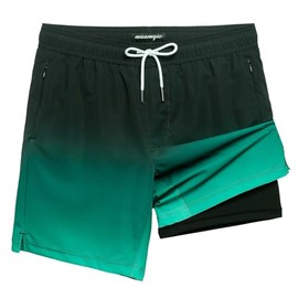 MaaMgic Men's Swim Trunks with Compression Liner 2 in 1 Mens Swimming Shorts Quick Dry Stretchy Board Shorts with Zipper Pockets, Gradient Cyan Blue, L