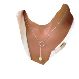 Yheakne Boho Pearl Circle Necklace Silver Y Pearl Necklace Minimalist Y Lariat Necklace Chain Jewellery for Women and Teen Girls (Silver)