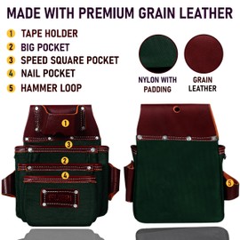 FUERI Tool Belt Men Heavy Duty 26 Pocket Tools Bags Pouches Holder Organizer for Carpenter Construction Electrician Framer Nylon Leather (Green & Maroon, Large 36" - 42")