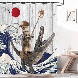 Funny Cat Shower Curtain Fun Cool Cat Riding Crocodile Japanese Ocean Wave Bathroom Curtain for Kids Rustic Wood Farmhouse Bath Curtains Waterproof Fabric Shower Curtain Set with 12 Hooks, 70X70IN