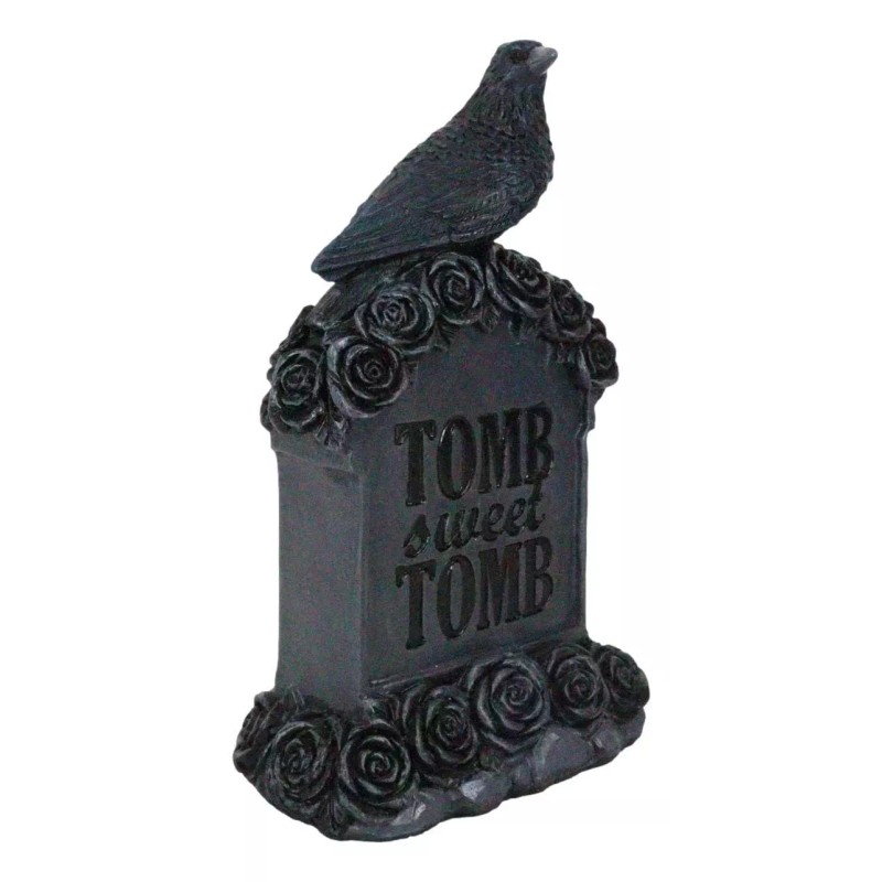 Gothic Raven Crow Perching On Black Roses Graveyard Tomb Headstone