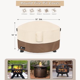 Alickwang Firepit Covers Round, Outdoor Heavy Duty Durable 600D Tear-Resistant 100% Waterproof 30-32 Inch Fire Pit Cover, Patio Weatherproof Fire Table Protector, Beige 32"x16"