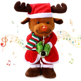 zerotop 13 Inch Christmas Elk Plush Cuddly Toys with Recording Christmas Decoration Music LED Luminous Singing Dancing Plush Toys Plush Doll Toy Home Decoration Children Gift