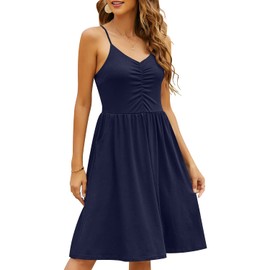 YATHON Casual Dresses for Women Sleeveless Cotton Summer Beach Dress A Line Spaghetti Strap Sundresses with Pockets 2024(M, YT090-Navy)