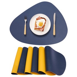 Juego de 6 manteles individuales redondos de piel sintética, reversibles, color azul marino y amarillo, impermeables, resistentes al calor, antideslizantes, lavables para mesa de comedor interior y