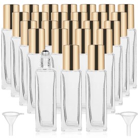 Hzmssore 25 Pcs 10 ml Roller Bottles for Essential Oils, Square Thick Empty Glass Roller Bottles with Stainless Steel Roller Balls Protection Leakproof with 2 Funnel for Travel, Gold