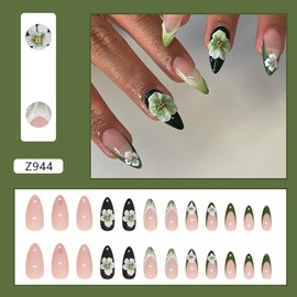 Spring Press on Almond Nails Medium Glossy Full Cover Almond French False Nails with Floral Designs Artificial Almond Shaped Fake Nails with Charms Glue Stick ons Fingernails for Women Girls(Z944)