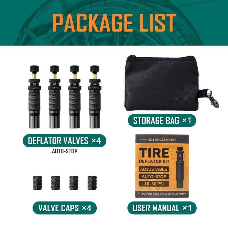 MARIE Adjustable Auto-Stop Tire Deflator Valve Kit (10-30 PSI) 4