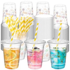 LemonRoad 50 Pcs Sponge Flowers Bubbles Cute Disposable Plastic Cups 16 oz Clear Disposable Cups with Lids and Straws Sponge Party Decorations for Birthday Wedding Party Supplies